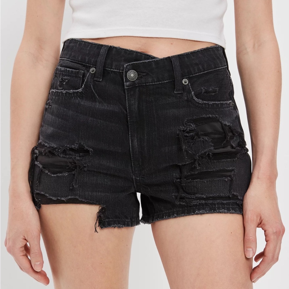American Eagle Black Ripped Black Denim High Rise Mom Shorts (Size 0)